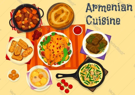armenian-cuisine-icon-of-meat-dinner-with-dessert-vector-20751105